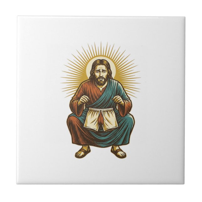 Jesus Adjusting Uncomfortable Wedgie Mid Squat Gym Tile (Front)