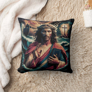 Jesus amid turbulent waves holding a book throw pillow