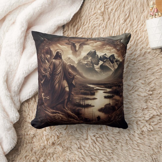 Jesus Amidst Mountains and River in Nature Throw Pillow (Blanket)
