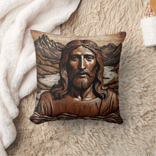 Jesus Amidst Mountains and River Landscape Throw Pillow