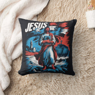 Jesus amidst storms of faith and hope at sea throw pillow