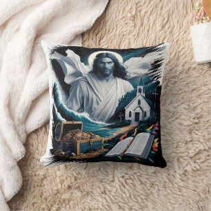 Jesus amidst waves and treasure near a church throw pillow