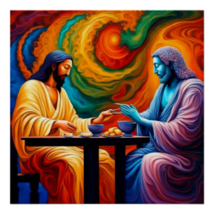 Jesus and Buddha share a meal Poster