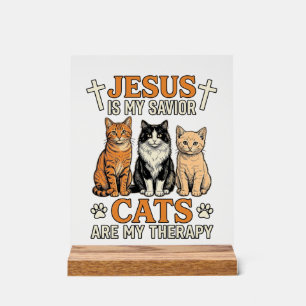 Jesus And Cats Are My Therapy Vintage Cat Shirt Acrylic Sign