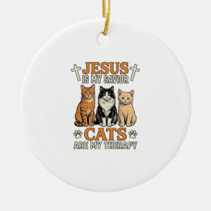 Jesus And Cats Are My Therapy Vintage Cat Shirt Ceramic Ornament