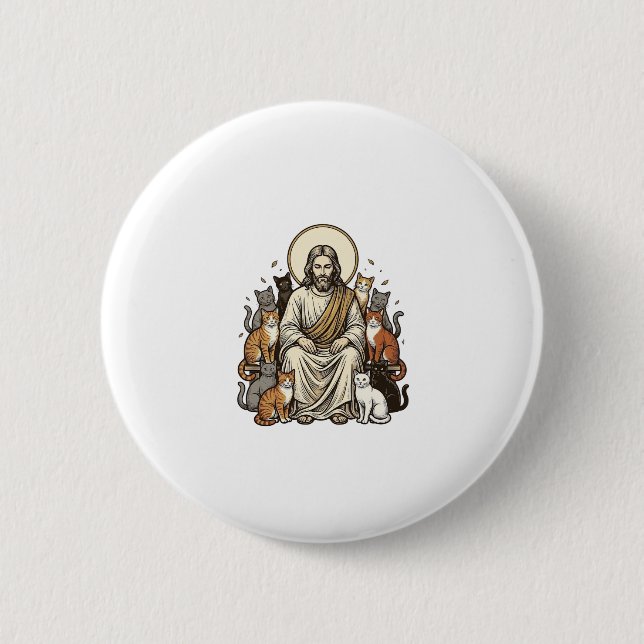 Jesus and Cats Vintage 2 Inch Round Button (Front)