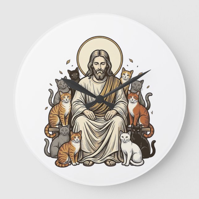 Jesus and Cats Vintage Large Clock (Front)