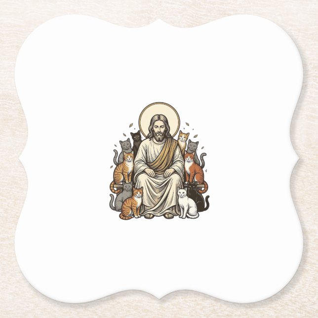 Jesus and Cats Vintage Paper Coaster (Front)