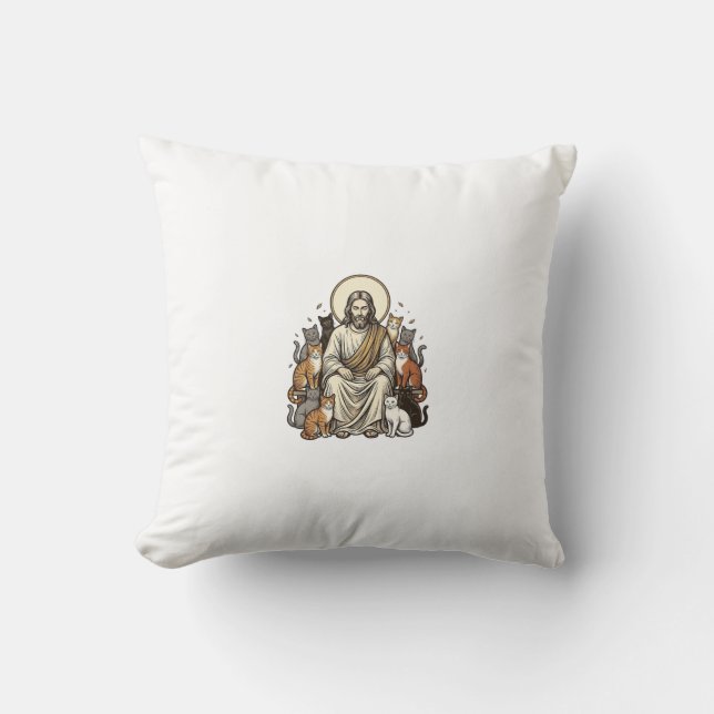 Jesus and Cats Vintage Throw Pillow (Front)