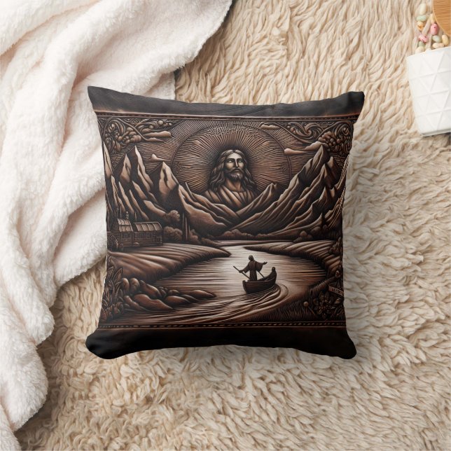 Jesus and Disciples on a River Journey at Dusk Throw Pillow (Blanket)