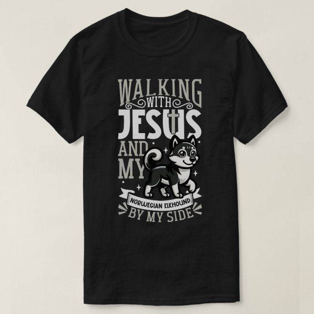 Jesus and dog Norwegian Elkhound T-Shirt (Design Front)