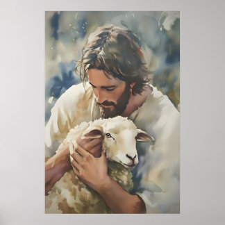 Jesus and Lamb Watercolor Art Print Christian