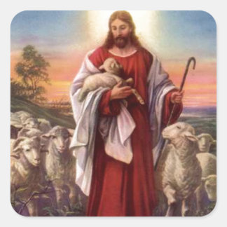 Jesus and lambs square sticker