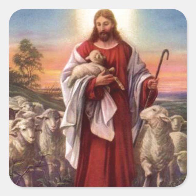Jesus and lambs square sticker (Front)