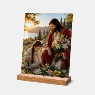 Jesus and Little Girl Gathering Lilies Acrylic Sign