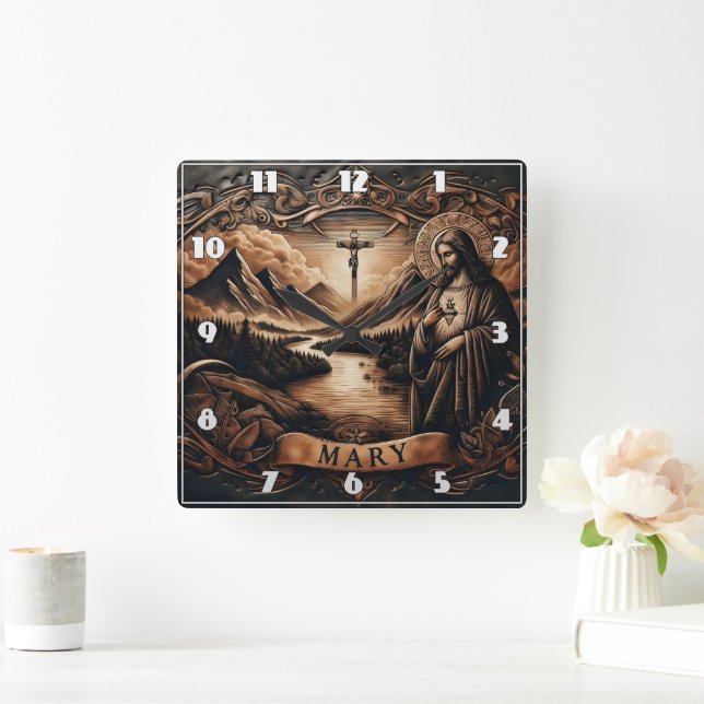 Jesus and Mary by a River With Mountains at Dusk Square Wall Clock (Home)
