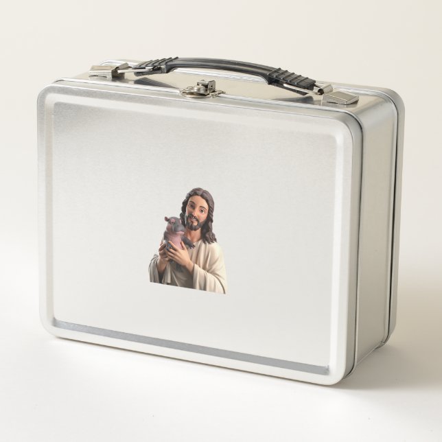 Jesus and Moo Deng_ A Unique Take on Classic Art T Metal Lunch Box (Front)