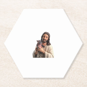 Jesus and Moo Deng_ A Unique Take on Classic Art T Paper Coaster