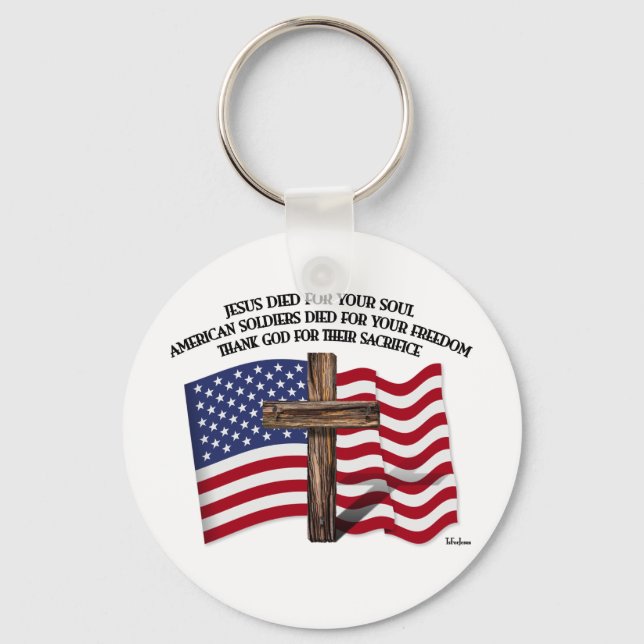 Jesus and the American Soldiers rugged cross US... Keychain (Front)