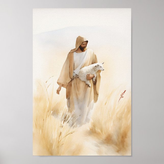 Jesus and the Lamb Watercolor Art Print (Front)