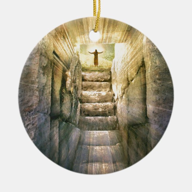 Jesus at Empty Tomb Easter Resurrection Ceramic Ornament (Front)
