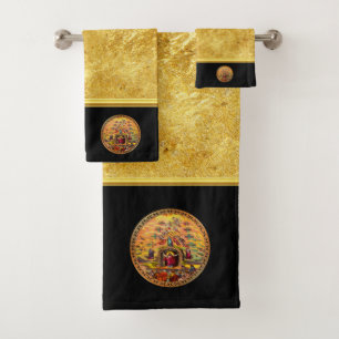 Jesus at Heaven's Gate gold foil and black texture Bath Towel Set