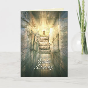 Jesus at the Empty Tomb in Light Rays for Easter Holiday Card