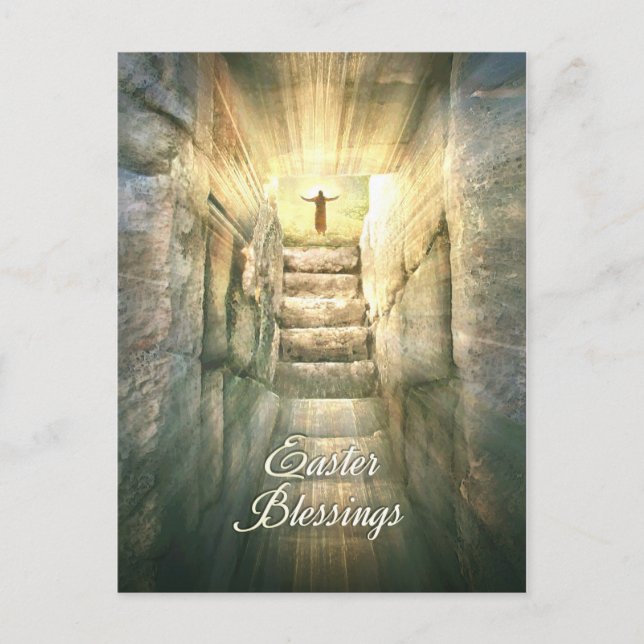 Jesus at the Empty Tomb in Light Rays for Easter Holiday Postcard (Front)