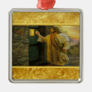 Jesus At Your Door with a gold foil design Metal Ornament