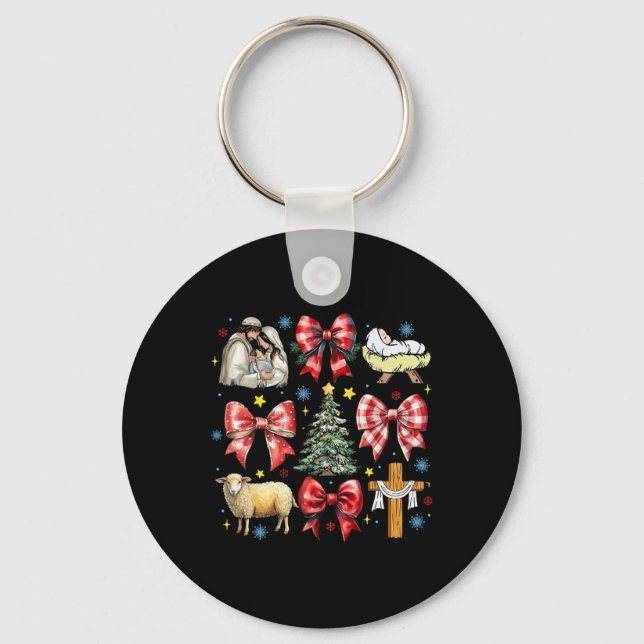 Jesus Birth Christmas Coquette Bow Nativity Scene  Keychain (Front)