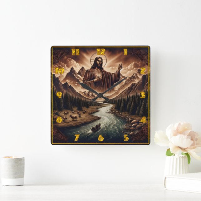 Jesus Blessing a Serene River Landscape Square Wall Clock (Home)