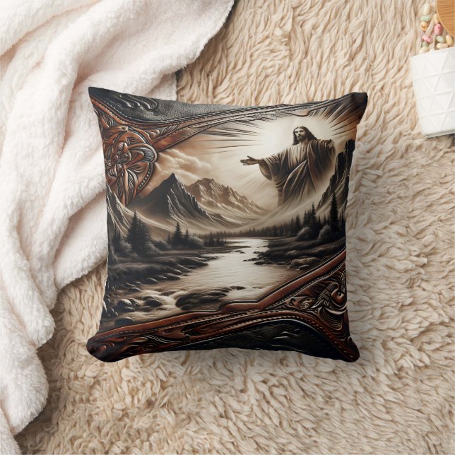 Jesus Blessing Nature in Serene Landscape Throw Pillow (Blanket)