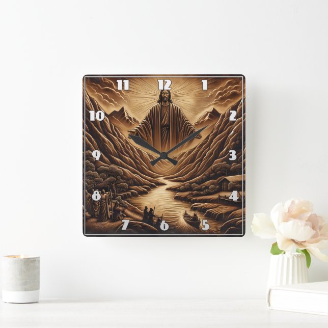 Jesus Blessing Valley at Dusk Square Wall Clock (Home)