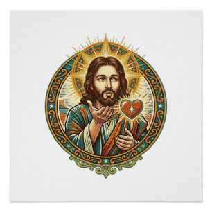 Jesus Blowing Kiss Red Heart Like Button Humor_1 Poster
