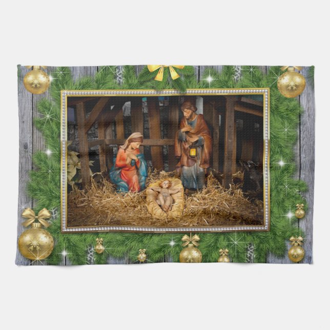 Jesus born manger kitchen towel (Horizontal)