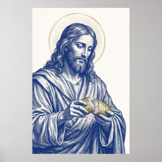 Jesus Breaking Bread Blue Engraving Art Poster