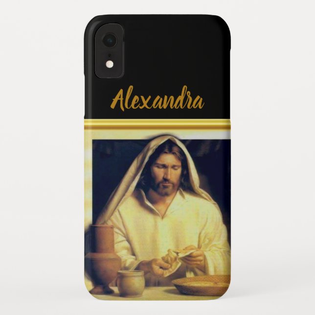 Jesus breaking bread Matthew 14-13 Gold stripe Case-Mate iPhone Case (Back)