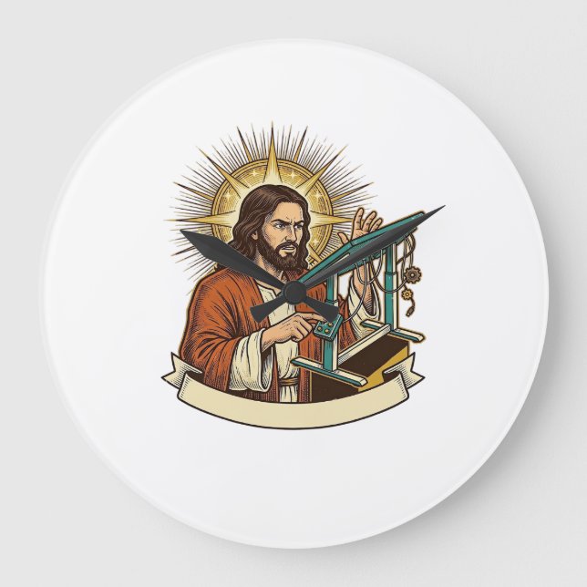 Jesus Broken Standing Desk Stuck Halfway Office Hu Large Clock (Front)