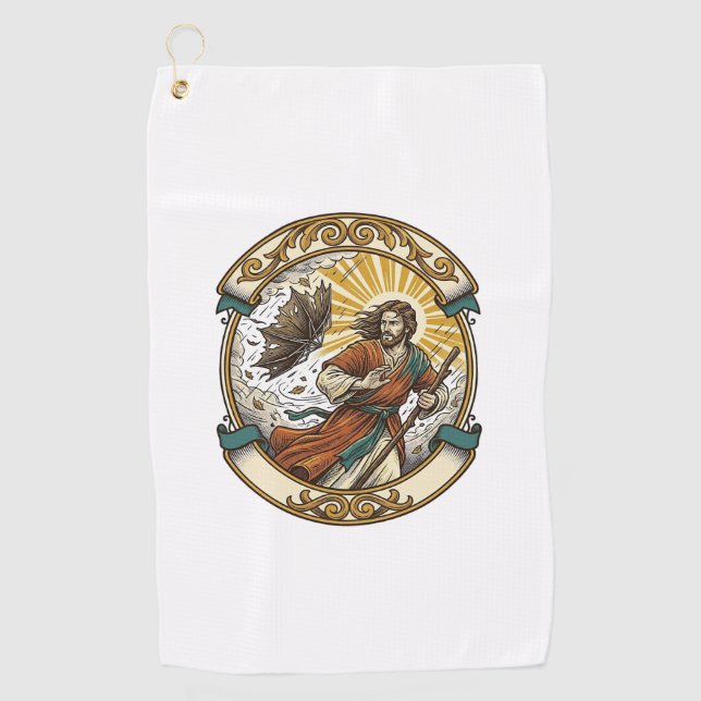 Jesus Broken Umbrella Blown Inside Out Windy Storm Golf Towel (Front)