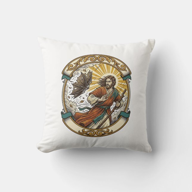 Jesus Broken Umbrella Blown Inside Out Windy Storm Throw Pillow (Front)