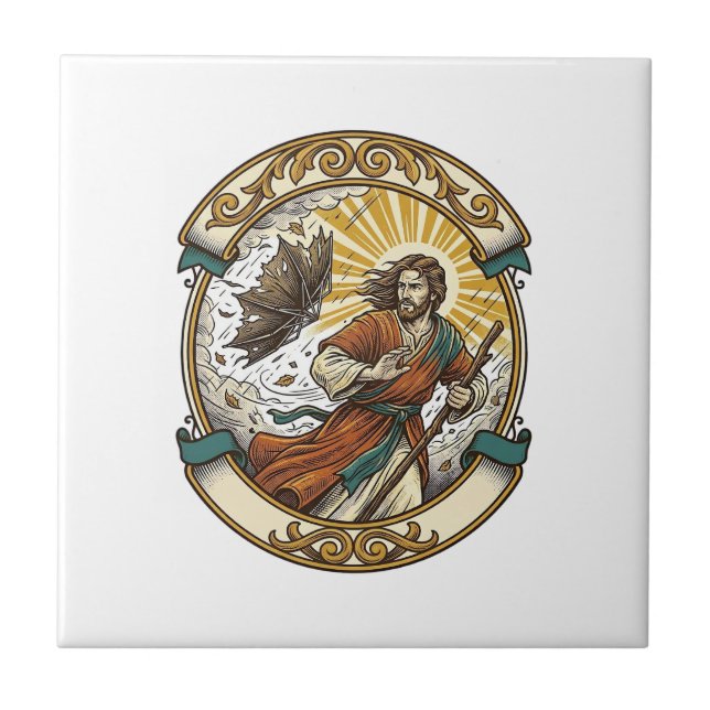 Jesus Broken Umbrella Blown Inside Out Windy Storm Tile (Front)