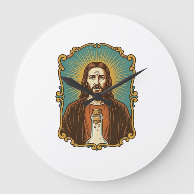 Jesus Broken Wine Cork Stuck Bottle Sommelier Part Large Clock (Front)