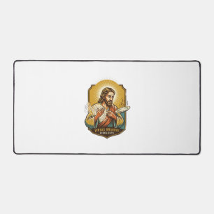 Jesus Burned Finger Taking Plate Out Microwave Kit Desk Mat
