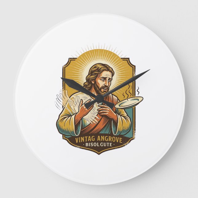 Jesus Burned Finger Taking Plate Out Microwave Kit Large Clock (Front)
