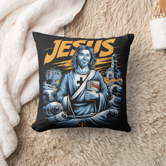 Jesus by lighthouse at sunset waves throw pillow (Blanket)
