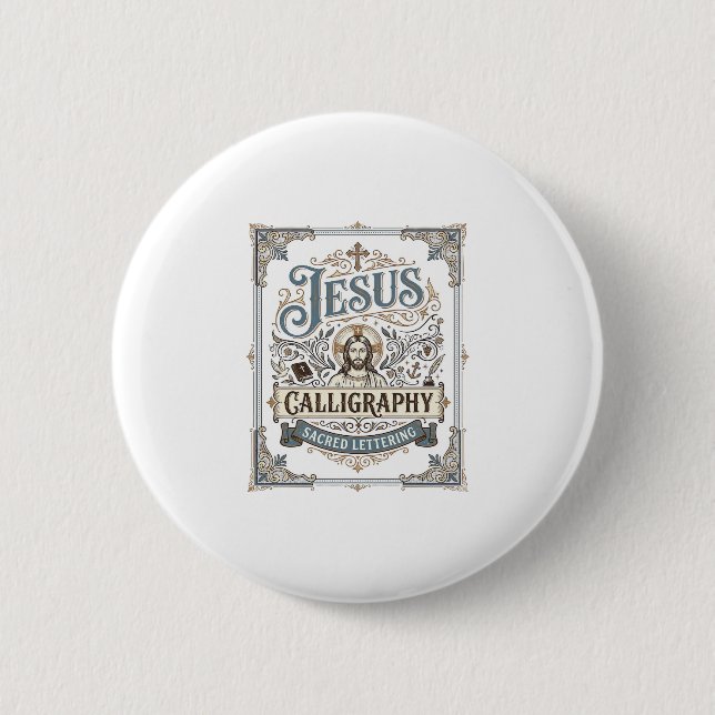 Jesus Calligraphy Sacred Lettering Jesus Calligrap 2 Inch Round Button (Front)