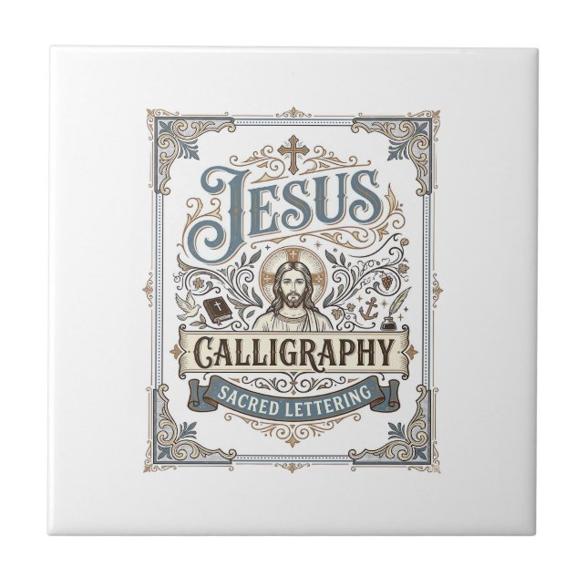 Jesus Calligraphy Sacred Lettering Jesus Calligrap Tile (Front)