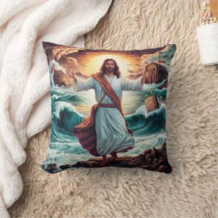 Jesus calming the storm near the shore throw pillow