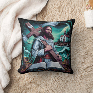 Jesus carries the cross by the turbulent sea throw pillow