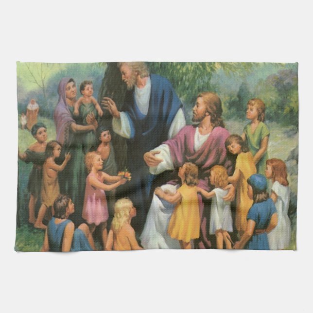 Jesus Christ Blessing Children, Vintage Religion Kitchen Towel (Horizontal)